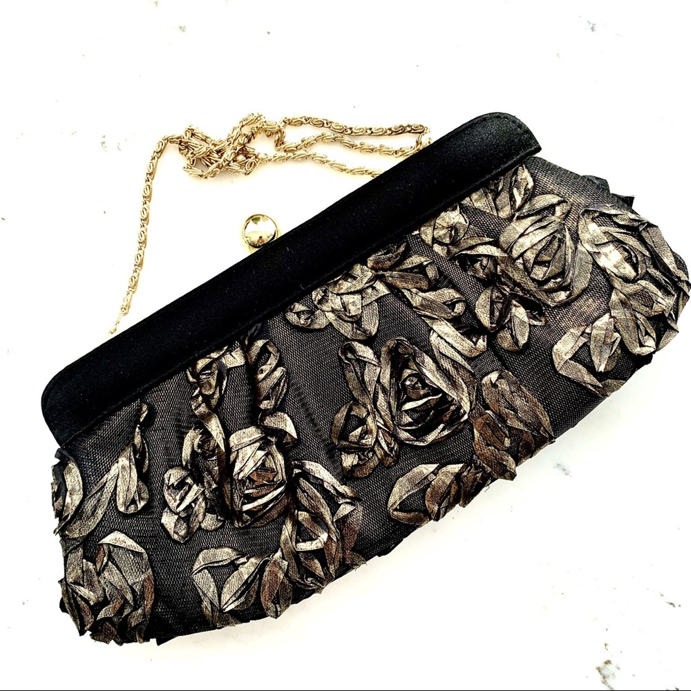 Jessica McClintock Black and Gold Floral Appliqué Clutch